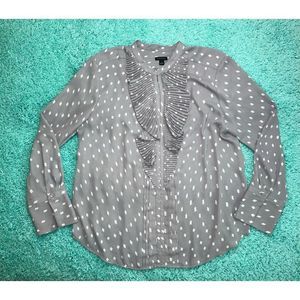 Ann Taylor LOFT Ruffle Long Sleeve Blouse Gray White Prints Size L
